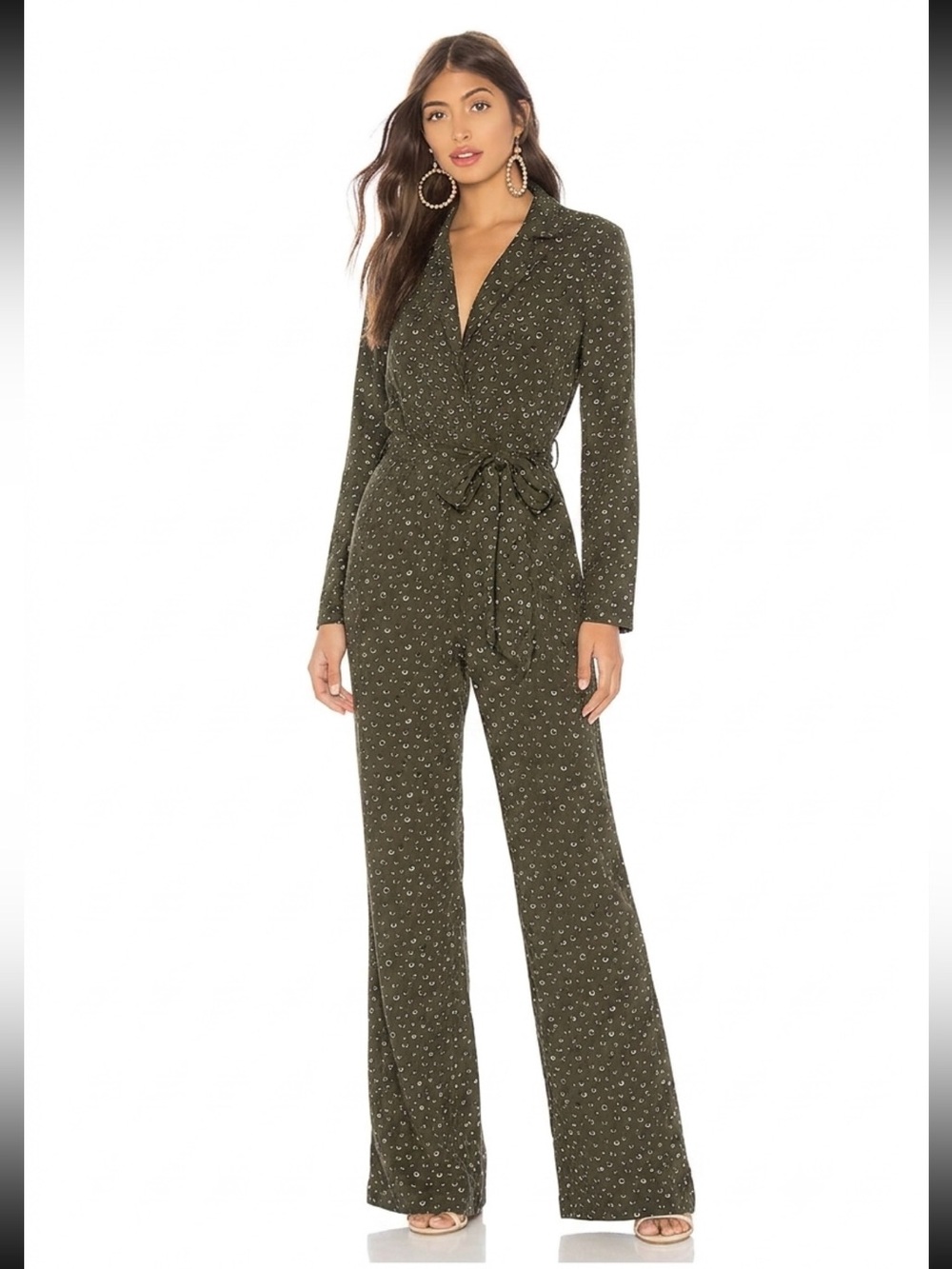 Nasty Gal Long Sleeve Collared Wide Leg Jumpsuit Size 8 Dot Patterned One Piece - Picture 13 of 13